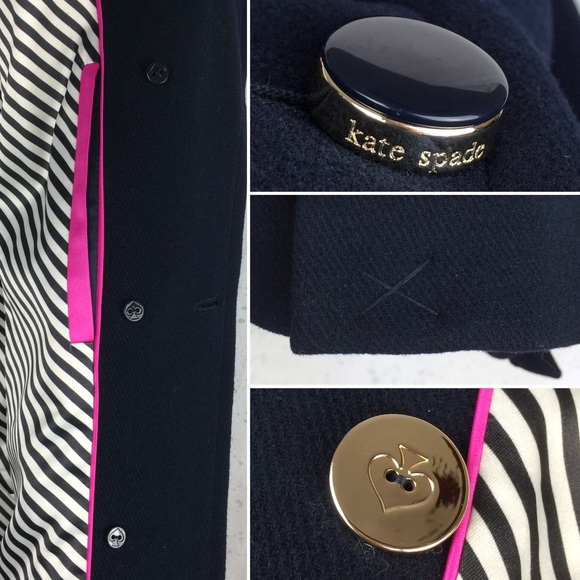 Kate Spade Bow-Back Double Breasted Peacoat Wool Blend Deep Navy L - Picture 7 of 12